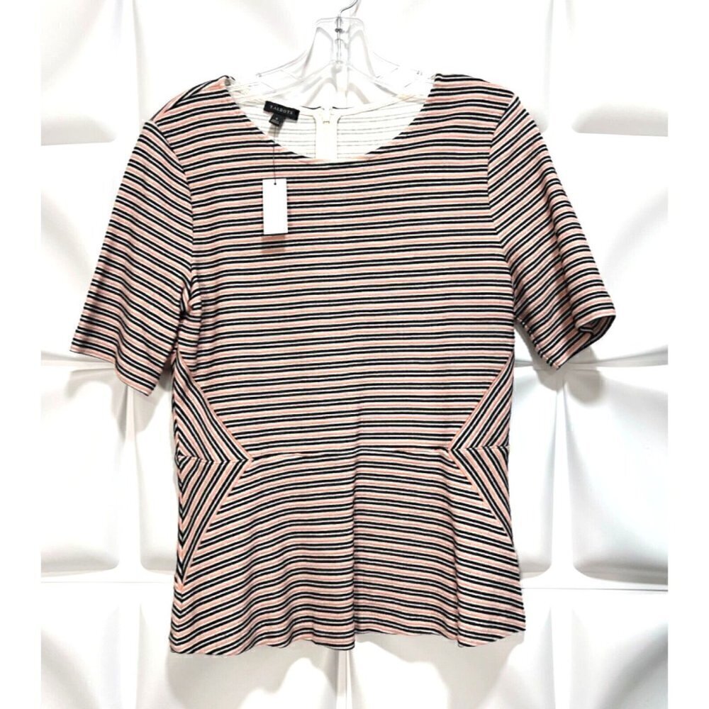 Talbots Sz S Textured Coral Pink Black White Striped Knit Peplum Top NWT NEW